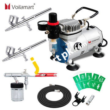 Voilamart Complete Airbrush Kit With 1/6Hp High Performance Quiet Compressor 0.35Mm 5Cc/22Cc Dual
